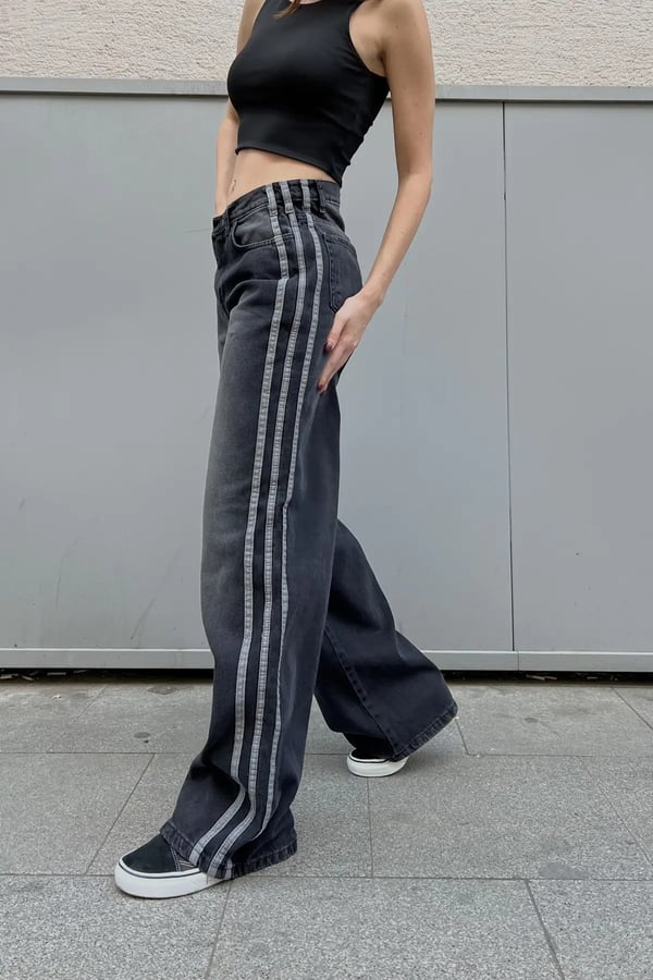 Retro Vintage Style SiyahTaşlanmış Şeritli Baggy Kot