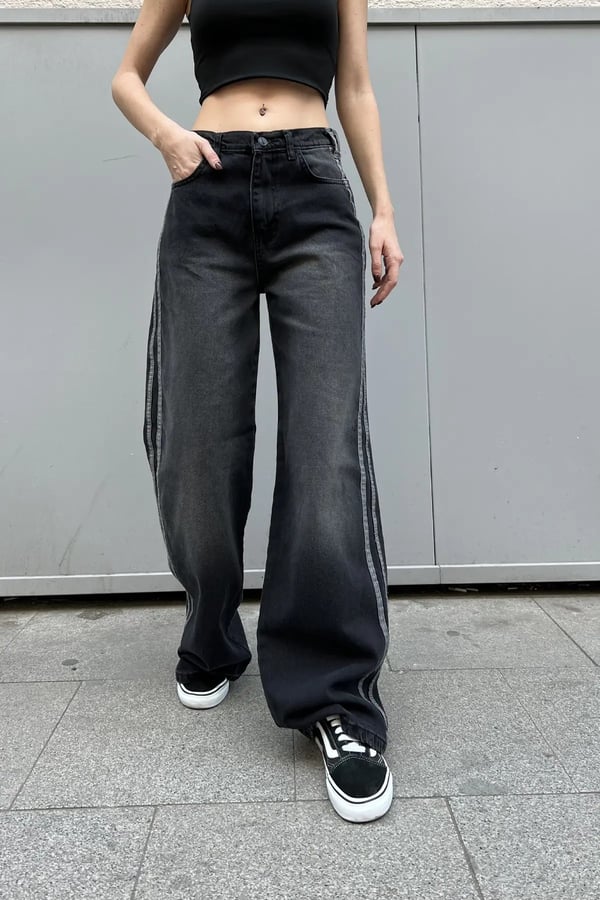 Retro Vintage Style SiyahTaşlanmış Şeritli Baggy Kot