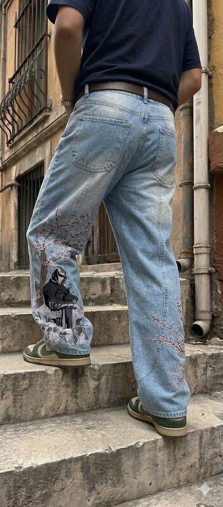 Sakura Şövalyesi Nakışlı Y2K Mavi Baggy Pantolon
