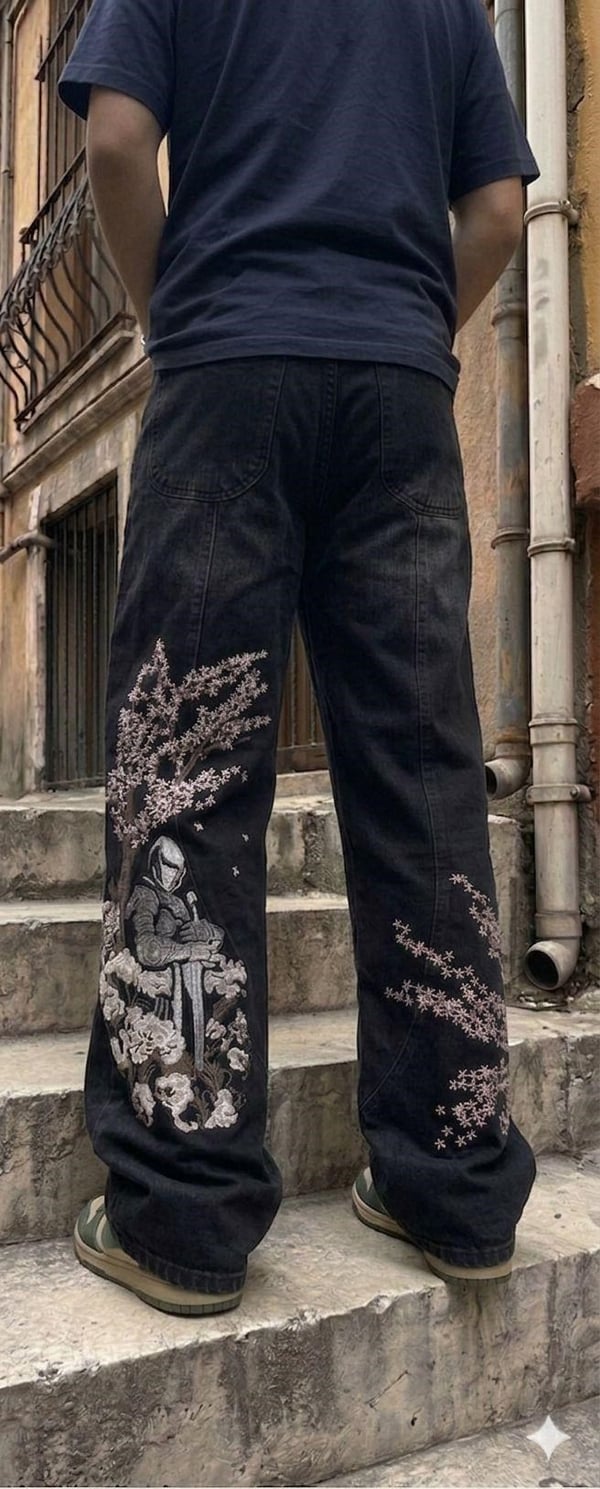 Sakura Şövalyesi Nakışlı Y2K Siyah Baggy Pantolon