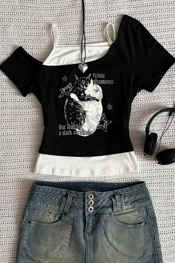Siyah Balance Cat Our Love Is Ek Askılı Gotik Y2K Crop