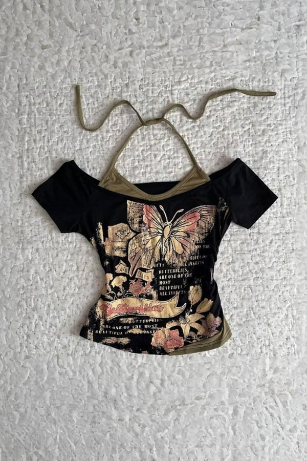 Siyah Butterfly Madonna Yaka Ek Askılı Y2K Full Body Crop