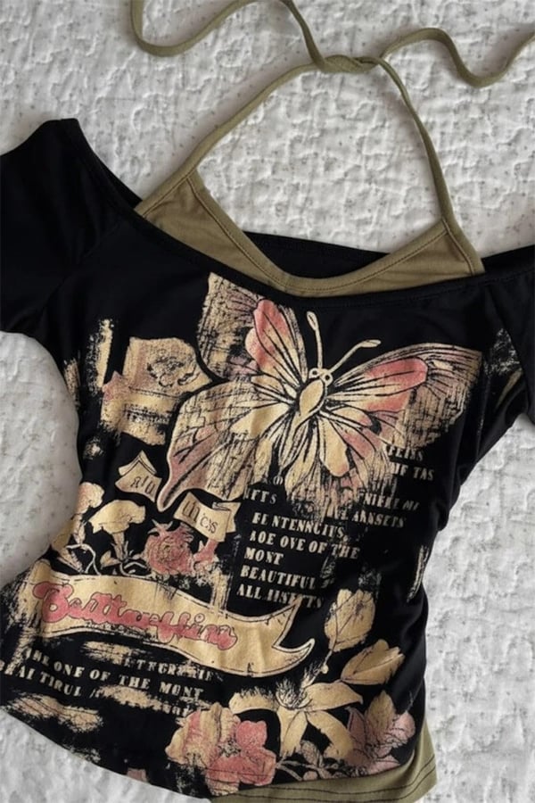 Siyah Butterfly Madonna Yaka Ek Askılı Y2K Full Body Crop