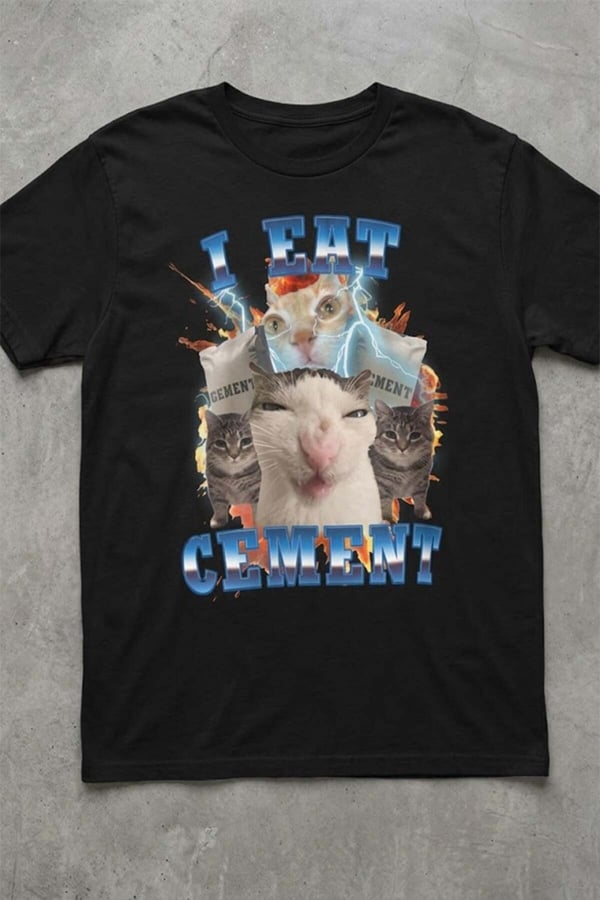 Siyah ''I Eat Cement'' Meme Cats Unisex Kısa Kollu T-Shirt