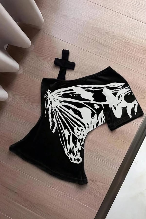 Siyah Kelebek Kanatlı Askılı Grunge Y2K Crop