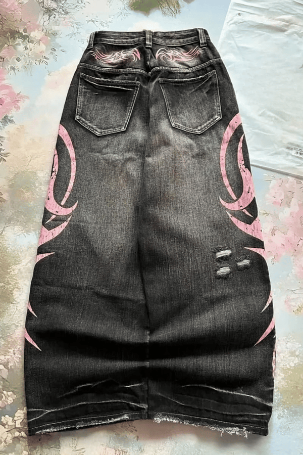 Siyah Taşlamalı Pembe Tribal Baskılı Harjuku Y2k Unisex Baggy Kot Pantolon