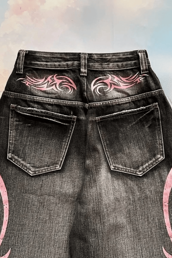 Siyah Taşlamalı Pembe Tribal Baskılı Harjuku Y2k Unisex Baggy Kot Pantolon