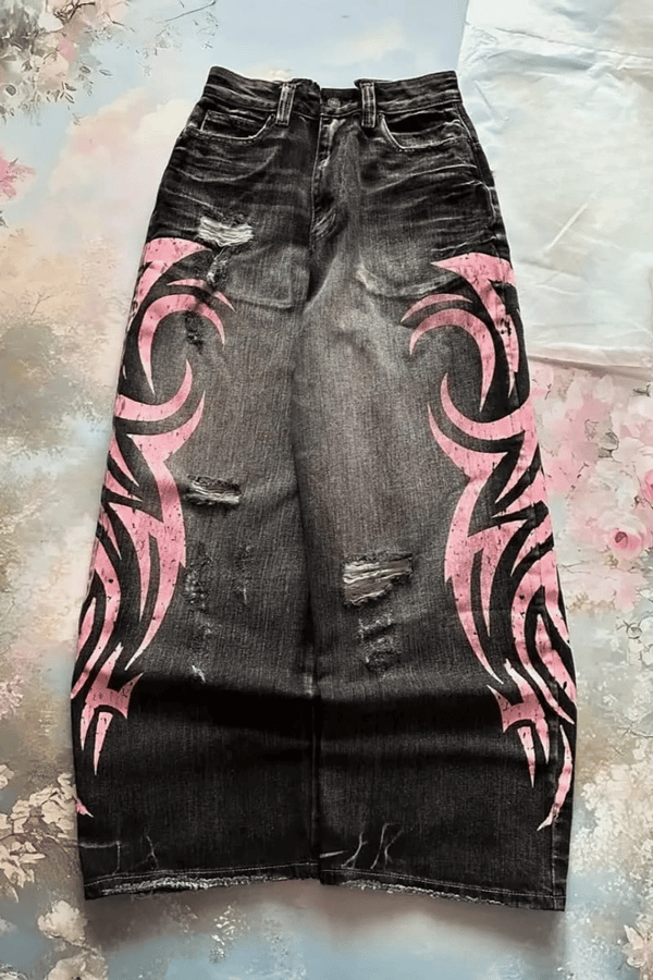 Siyah Taşlamalı Pembe Tribal Baskılı Harjuku Y2k Unisex Baggy Kot Pantolon