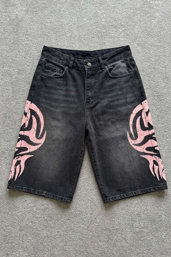 Siyah Taşlamalı Pembe Tribal Baskılı Y2K Unisex Baggy Şort