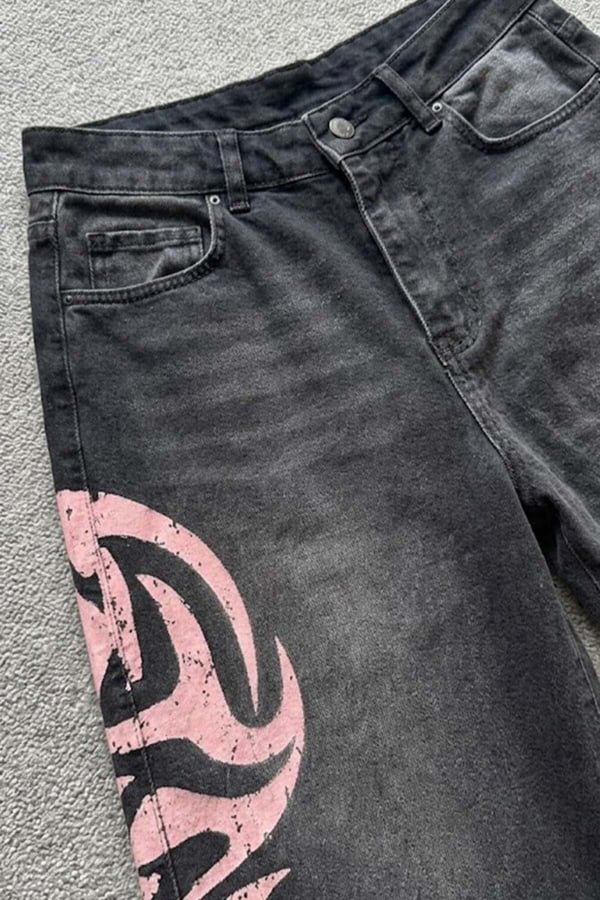 Siyah Taşlamalı Pembe Tribal Baskılı Y2K Unisex Baggy Şort
