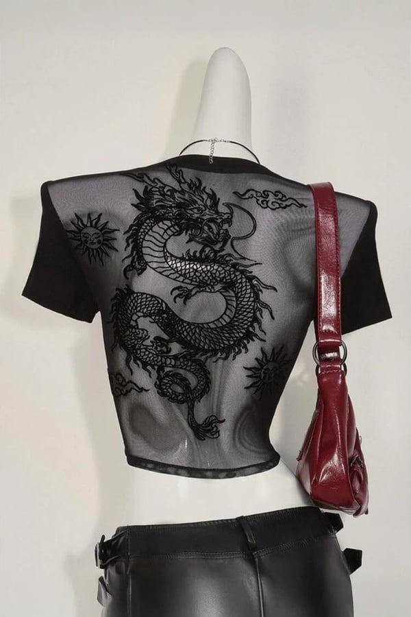 Siyah Transparan Sırt Detay Dragon Y2K Kısa Kollu Crop Body