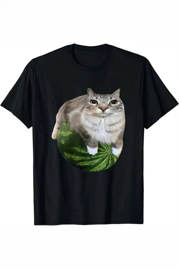 Siyah Watermelon Cat Unisex Kısa Kollu T-Shirt