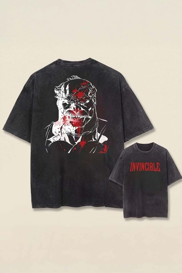 Siyah Yıkamalı Invincible Omni-Man Unisex Kısa Kollu Sırt Baskı T-Shirt