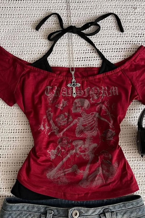 Skeleton Madonna Yaka Ek Askılı Gotik Y2K Kısa Kollu Full Body Crop - Bordo