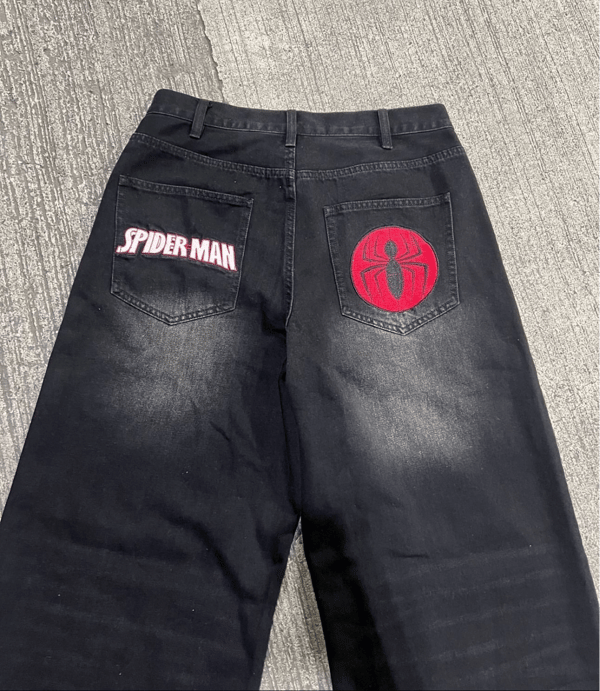 Spider Man Retro Siyah Baggy Nakışlı Kot Pantolon