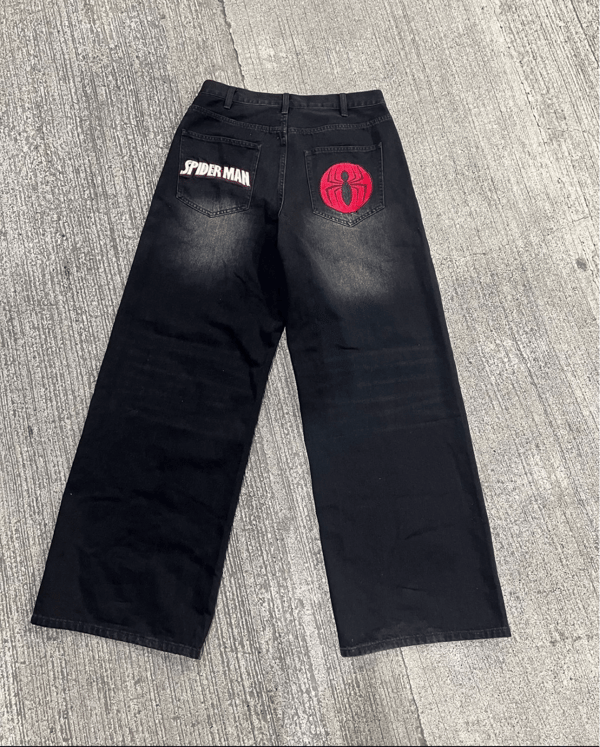 Spider Man Retro Siyah Baggy Nakışlı Kot Pantolon