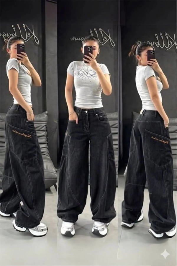 Street Style Çok Cepli Baggy Siyah Denim