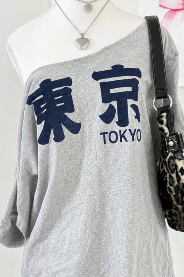 Tokyo Y2K Kısa Kollu Off Shoulder Gri T-Shirt