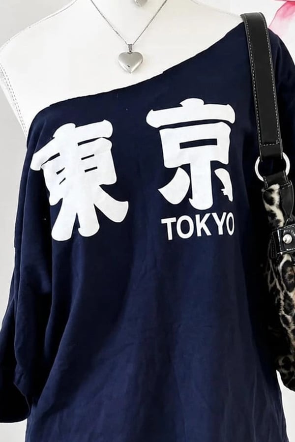 Tokyo Y2K Kısa Kollu Off Shoulder Lacivert T-Shirt