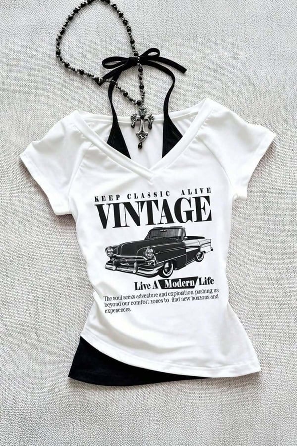 Vintage Modern Life Ek Askı Bağlamalı Y2K Kısa Kollu Body