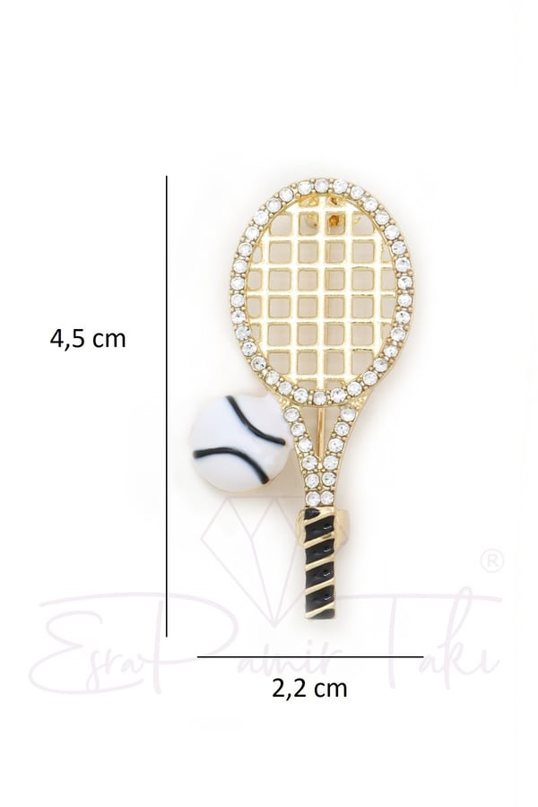 Altın Renk Zirkon Taşlı Tenis Raketi Broş