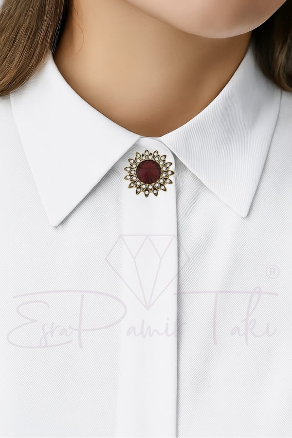 Bordo Taşlı Düğme Süsü Broş