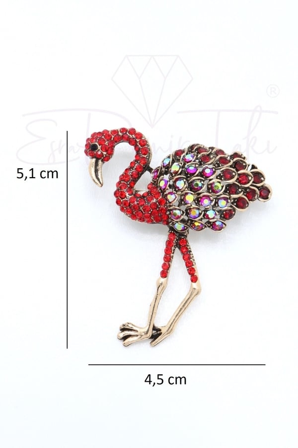 Kırmızı Zirkon Taş Flamingo Broş