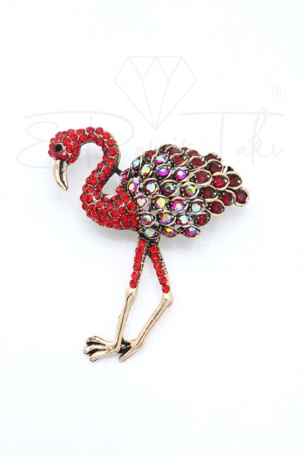 Kırmızı Zirkon Taş Flamingo Broş