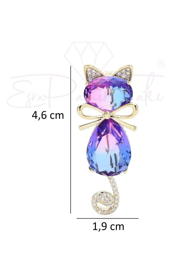Pembe ve Lila Zirkon Taş Altın Renk Kedi Broş