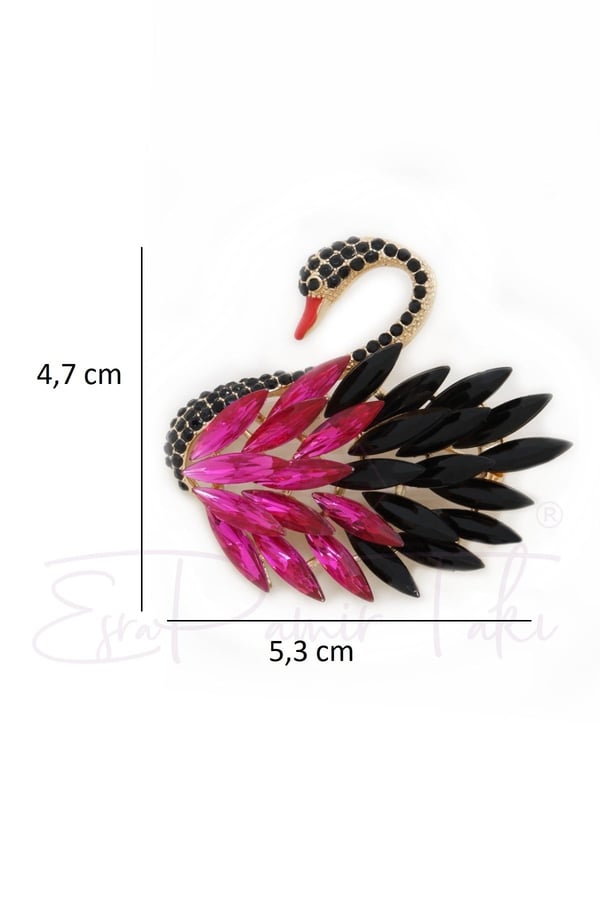 Pembe ve Siyah Taşlı Kuğu Broş