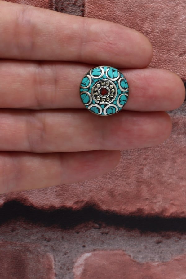 Turkuaz  ve Mercan Taşlı Gümüş Renk El Yapımı Otantik Nepal Yüzük
