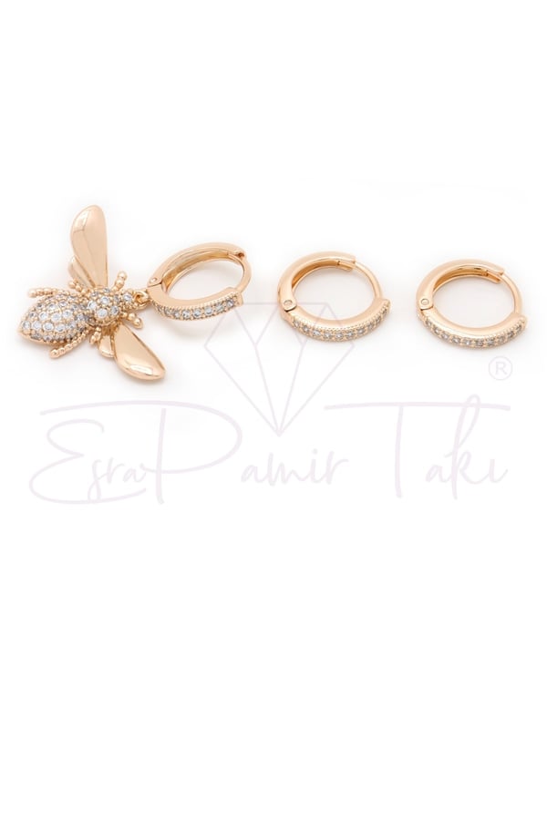 Zirkon Taşlı Rose Gold Renk Arı Küpe Seti