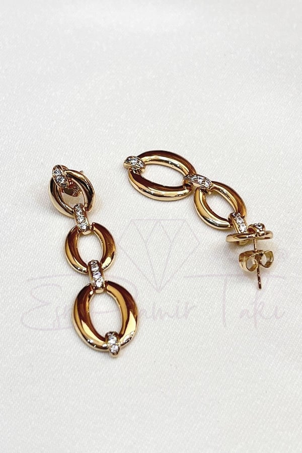 Zirkon Taşlı Rose Gold Renk Sallantılı Küpe