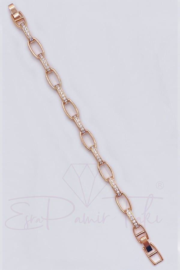 Zirkon Taşlı Rose Gold Renk Vıp Çelik Bileklik