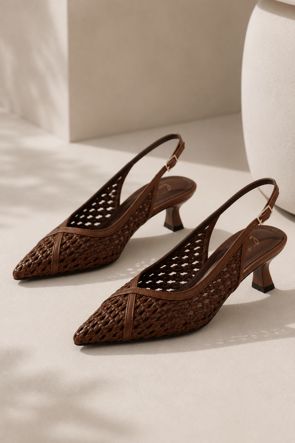 ALIX Kadın Acı Kahve Hasır Dokulu Sivri Burun Kadeh Topuklu Slingback Ayakkabı
