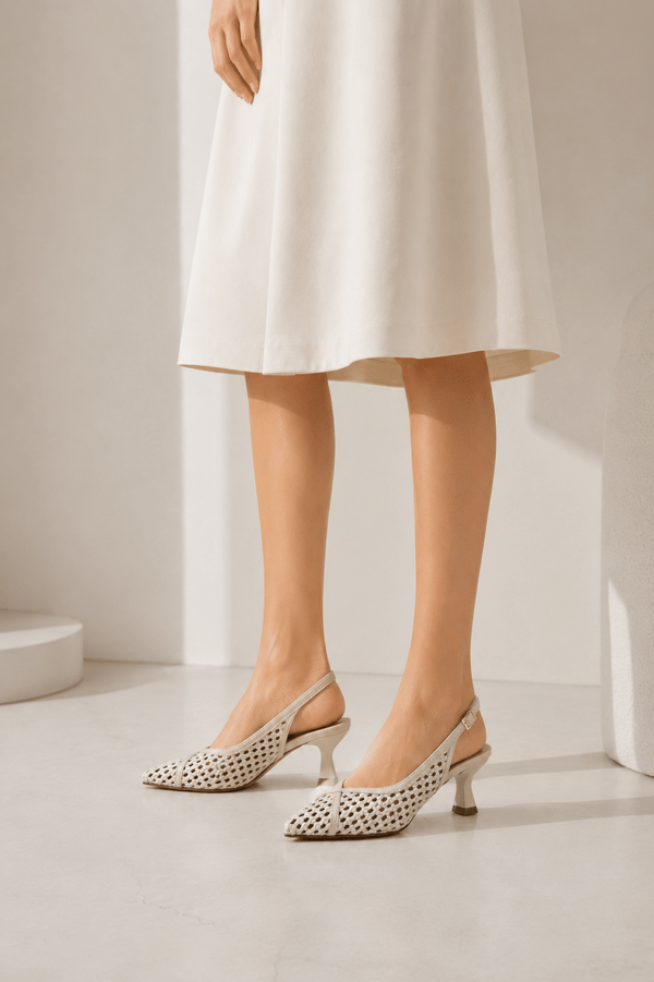 ALIX Kadın Bej Hasır Dokulu Sivri Burun Kadeh Topuklu Slingback Ayakkabı