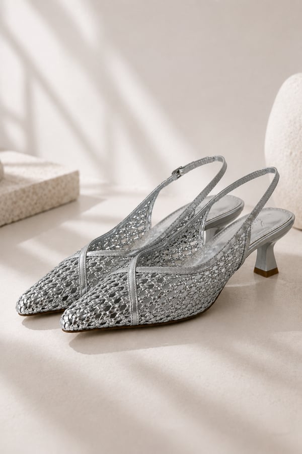 ALIX Kadın Gümüş Hasır Dokulu Sivri Burun Kadeh Topuklu Slingback Ayakkabı