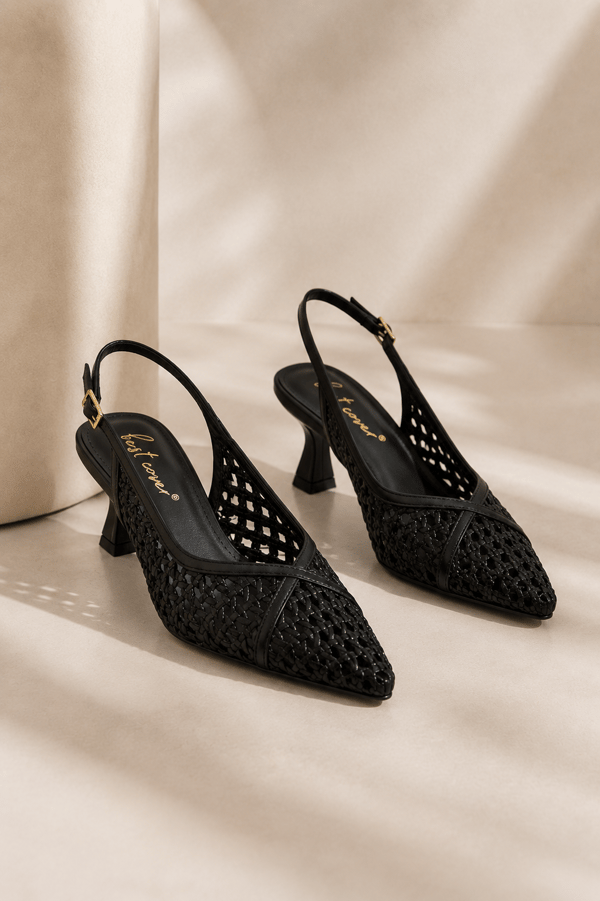 ALIX Kadın Siyah Hasır Dokulu Sivri Burun Kadeh Topuklu Slingback Ayakkabı