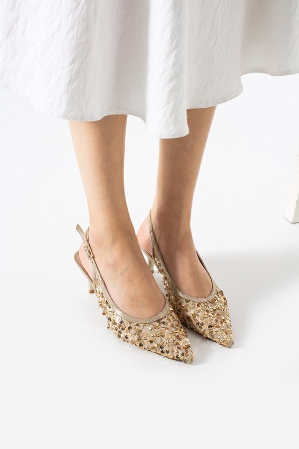 ARIYA Kadın Gold Sivri Burun Slingback Pul Payet Detaylı İnce Topuklu Ayakkabı