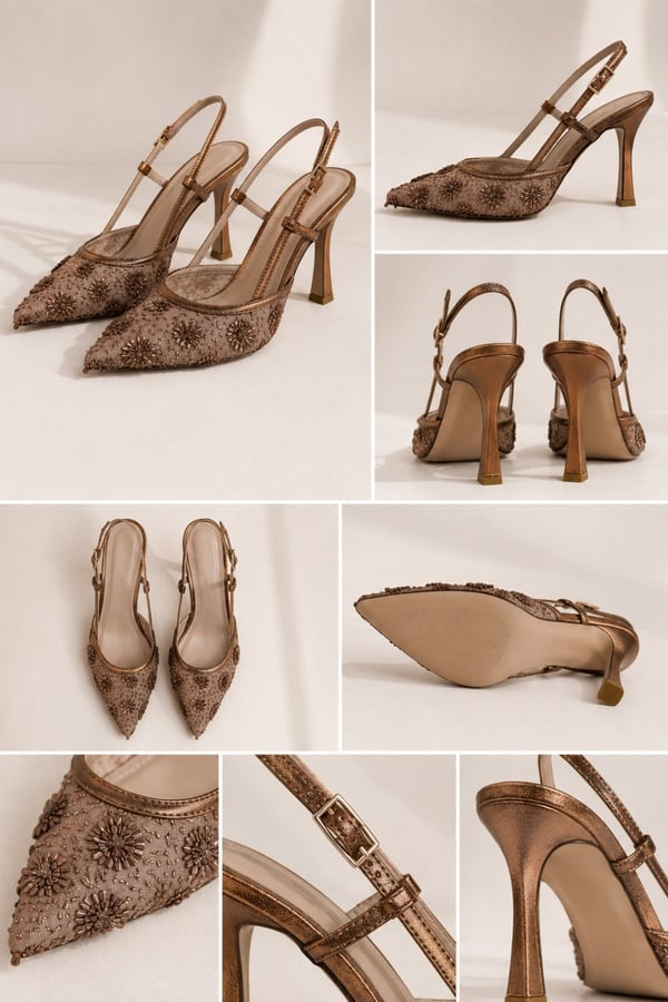 BELLA Kadın Bakır İşlemeli Tül Detaylı Sivri Burun İnce 10 Cm Slingback Kadın Topuklu Ayakkabı
