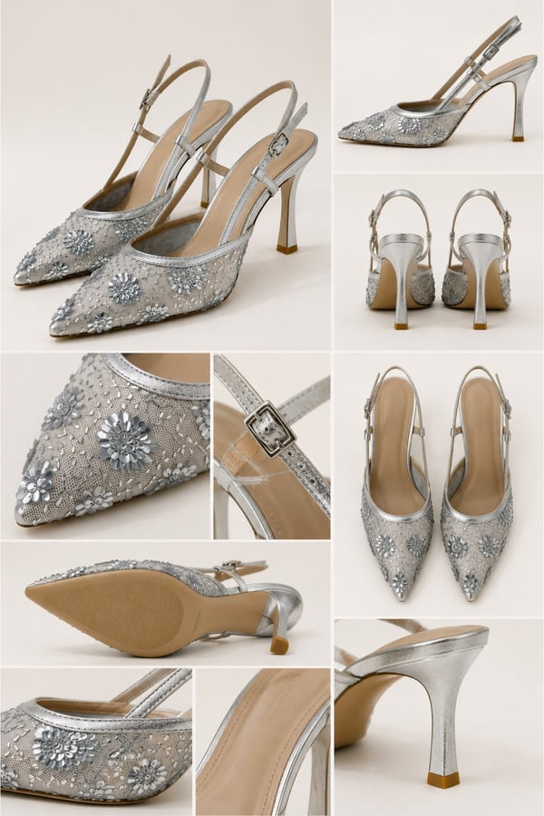 BELLA Kadın Gümüş İşlemeli Tül Detaylı Sivri Burun İnce 10 Cm Slingback Kadın Topuklu Ayakkabı