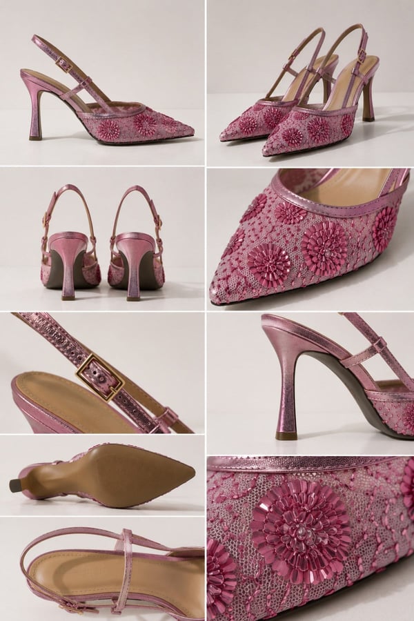 BELLA Kadın Pembe İşlemeli Tül Detaylı Sivri Burun İnce 10 Cm Slingback Kadın Topuklu Ayakkabı