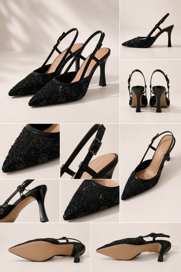 BELLA Kadın Siyah İşlemeli Tül Detaylı Sivri Burun İnce 10 Cm Slingback Kadın Topuklu Ayakkabı