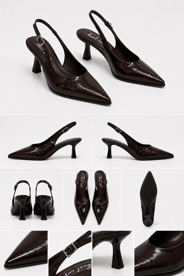 CELINE Kadın Acı Kahve Sivri Burun Kırışık Rugan Slingback Tokalı 7 Cm İnce Topuklu Ayakkabı