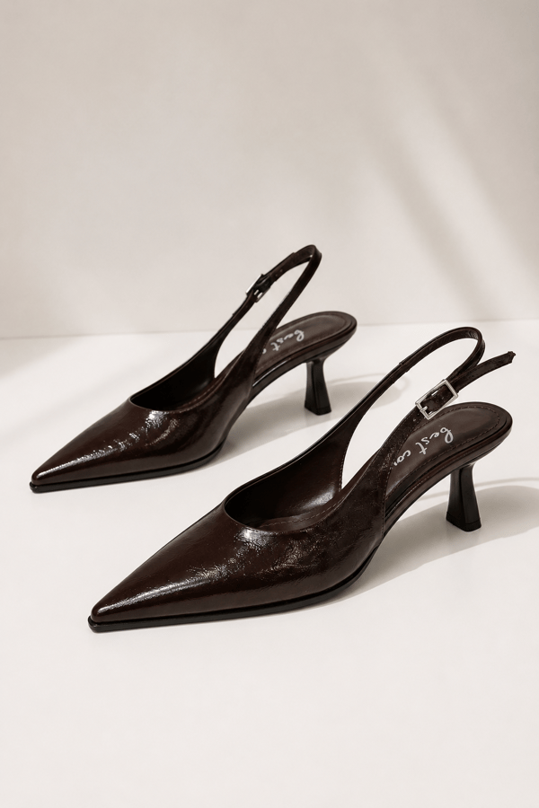 CELINE Kadın Acı Kahve Sivri Burun Kırışık Rugan Slingback Tokalı 7 Cm İnce Topuklu Ayakkabı