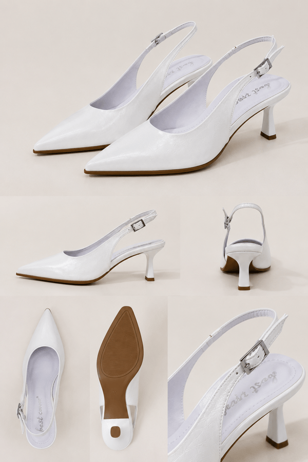 CELINE Kadın Beyaz Sivri Burun Kırışık Rugan Slingback Tokalı 7 Cm İnce Topuklu Ayakkabı
