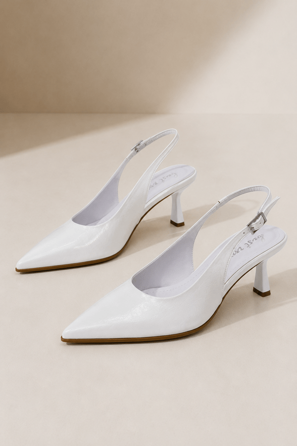 CELINE Kadın Beyaz Sivri Burun Kırışık Rugan Slingback Tokalı 7 Cm İnce Topuklu Ayakkabı