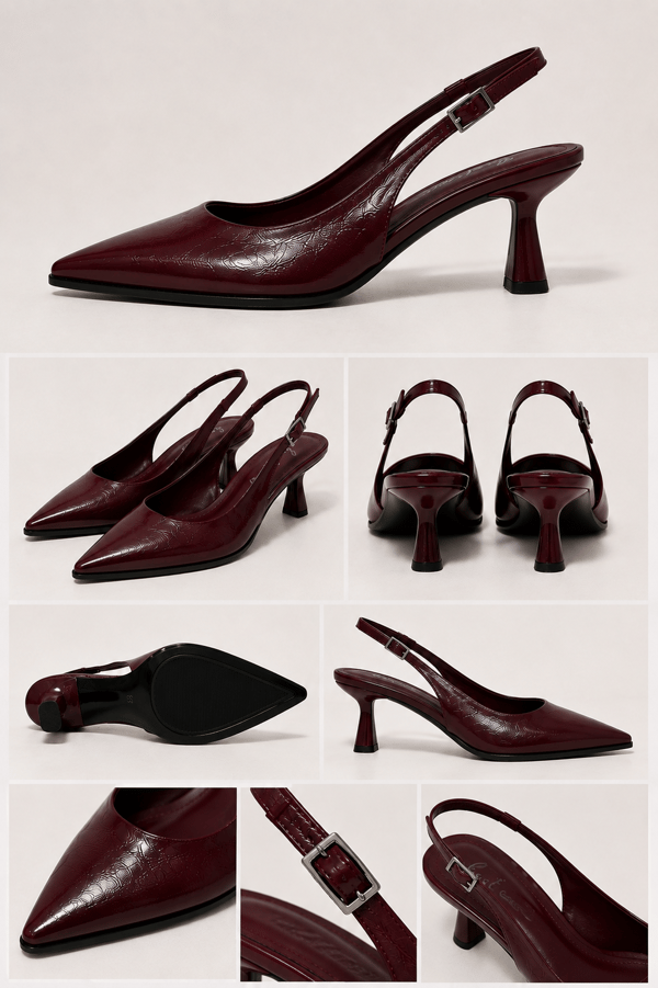 CELINE Kadın Bordo Sivri Burun Kırışık Rugan Slingback Tokalı 7 Cm İnce Topuklu Ayakkabı