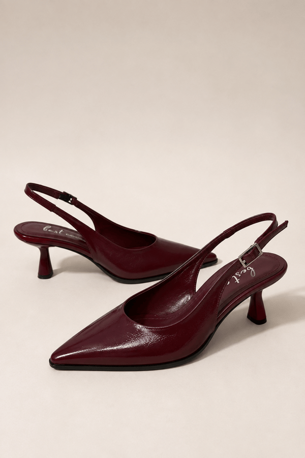 CELINE Kadın Bordo Sivri Burun Kırışık Rugan Slingback Tokalı 7 Cm İnce Topuklu Ayakkabı
