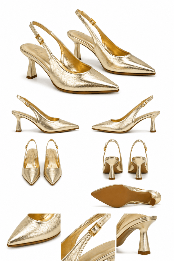 CELINE Kadın Gold Sivri Burun Kırışık Rugan Slingback Tokalı 7 Cm İnce Topuklu Ayakkabı